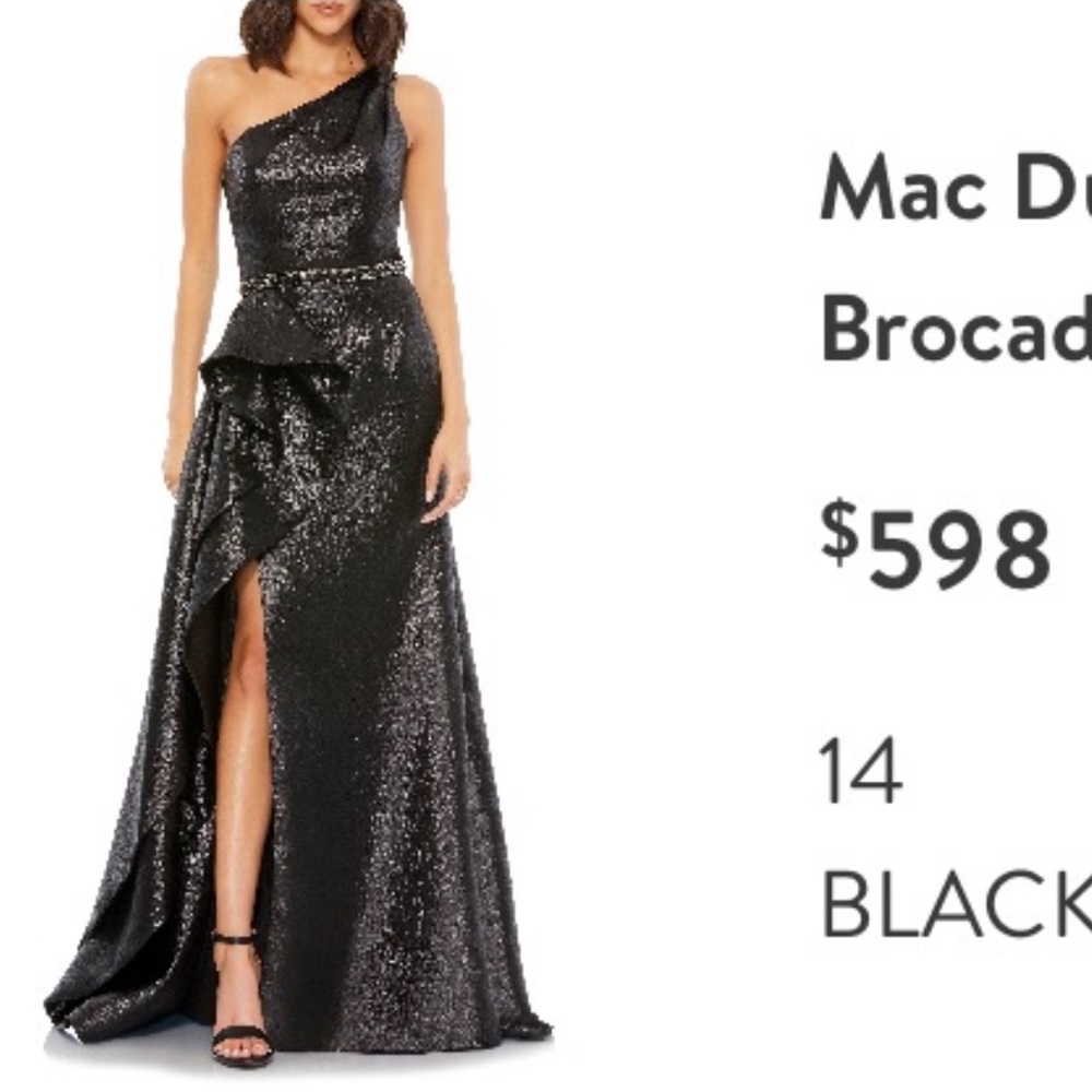 One-Shoulder Ruffle Metallic Brocade Mermaid Gown
MAC DUGGAL in BLACK